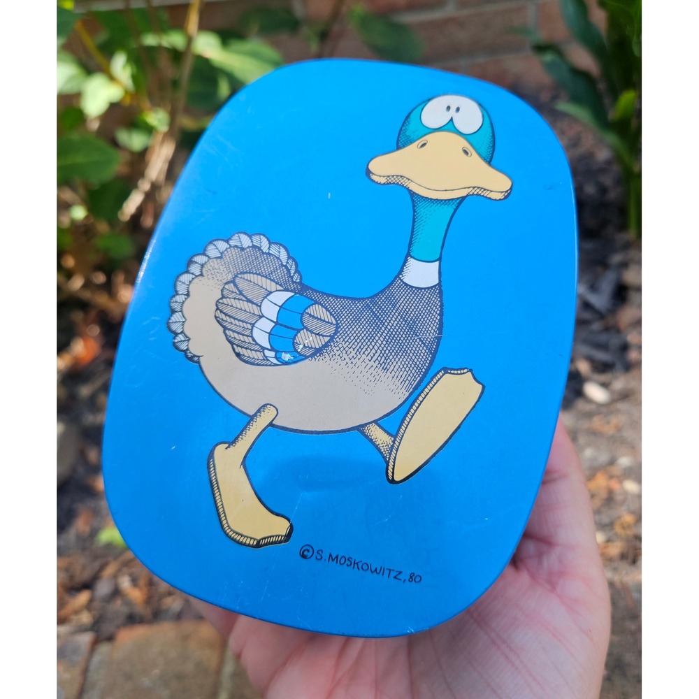 Vintage 1980 S. Moskowitz Anthropomorphic Cartoon Duck Blue Tin Box